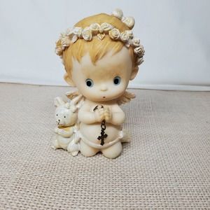 Vtg Baby Girl Angel Praying Bear Floral Crown Metal Cross Figurine